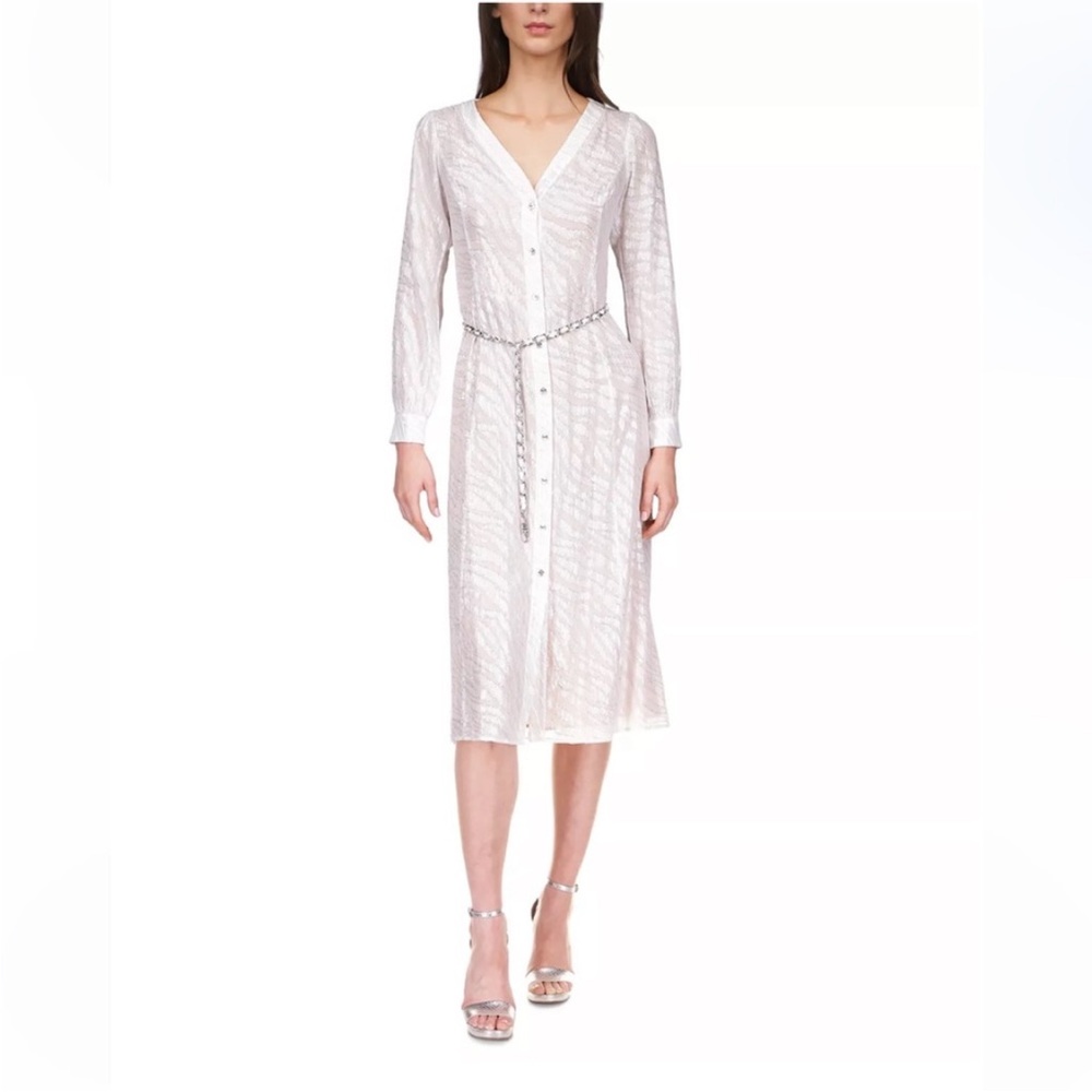 ✨ Michael Michael Kors Metallic Shimmer Midi Dress Chain Waist L - Picture 12 of 16